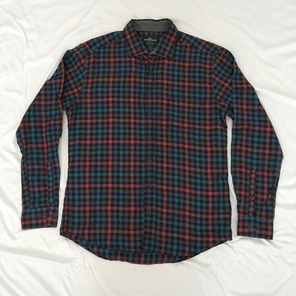 Rodd & Gunn black, red, and blue plaid button-up shirt